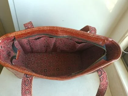 Handcrafted Kutchi Mashru silk Crocodile Patterned Leather Handbag - Image 4