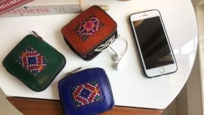 Kutchi leather zipper ear phone case with fine embroidery